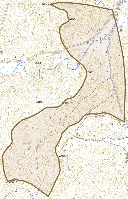 折渡とその周辺の地図。町の範囲を重ねている