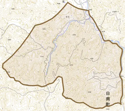 宝谷とその周辺の地図。町の範囲を重ねている