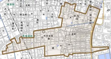 上道町とその周辺の地図。町の範囲を重ねている