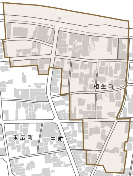 相生町とその周辺の地図。町の範囲を重ねている
