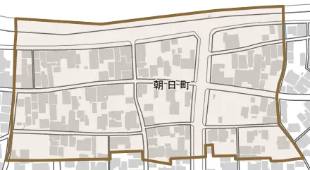 朝日町とその周辺の地図。町の範囲を重ねている