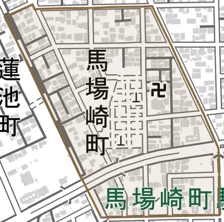 馬場崎町とその周辺の地図。町の範囲を重ねている