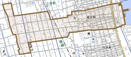 福定町とその周辺の地図。町の範囲を重ねている