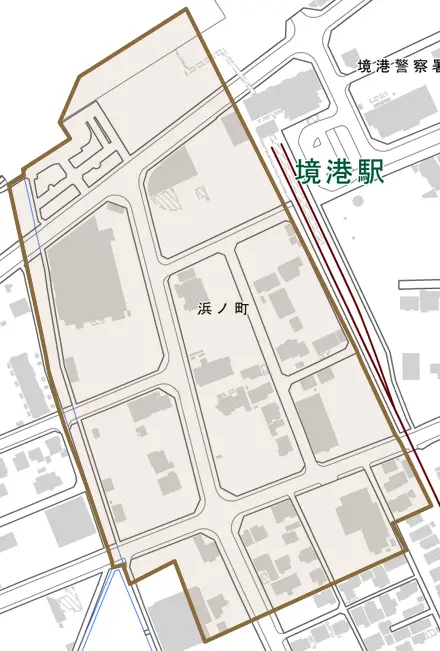 浜ノ町とその周辺の地図。町の範囲を重ねている
