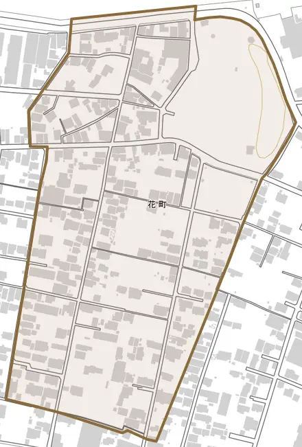 花町とその周辺の地図。町の範囲を重ねている