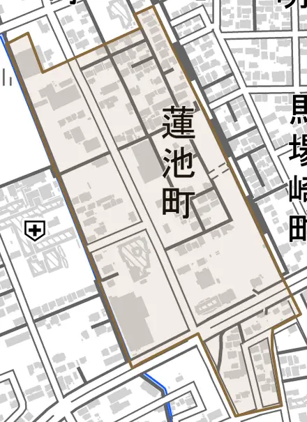 蓮池町とその周辺の地図。町の範囲を重ねている