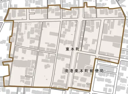 東本町とその周辺の地図。町の範囲を重ねている