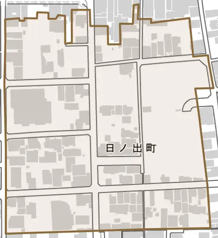 日ノ出町とその周辺の地図。町の範囲を重ねている