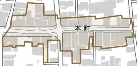 本町とその周辺の地図。町の範囲を重ねている