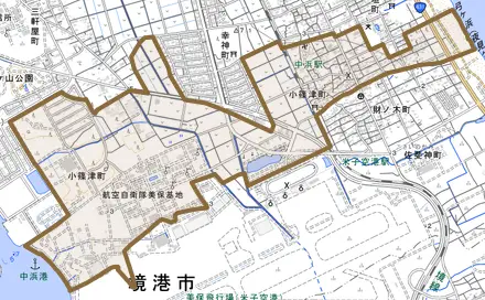 小篠津町とその周辺の地図。町の範囲を重ねている