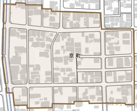 京町とその周辺の地図。町の範囲を重ねている