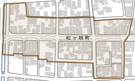 松ケ枝町とその周辺の地図。町の範囲を重ねている
