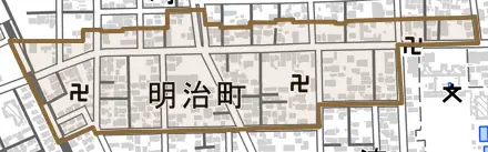 明治町とその周辺の地図。町の範囲を重ねている