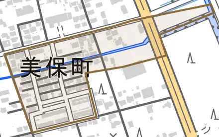 美保町とその周辺の地図。町の範囲を重ねている