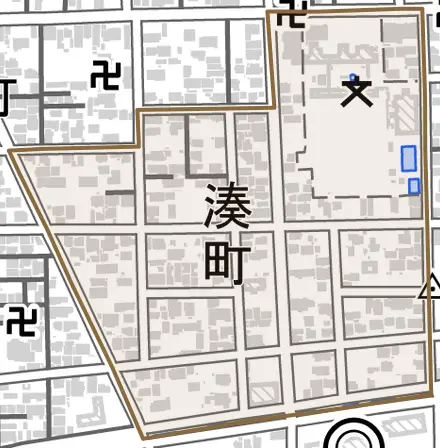 湊町とその周辺の地図。町の範囲を重ねている