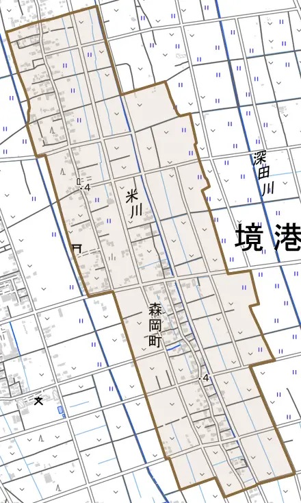 森岡町とその周辺の地図。町の範囲を重ねている