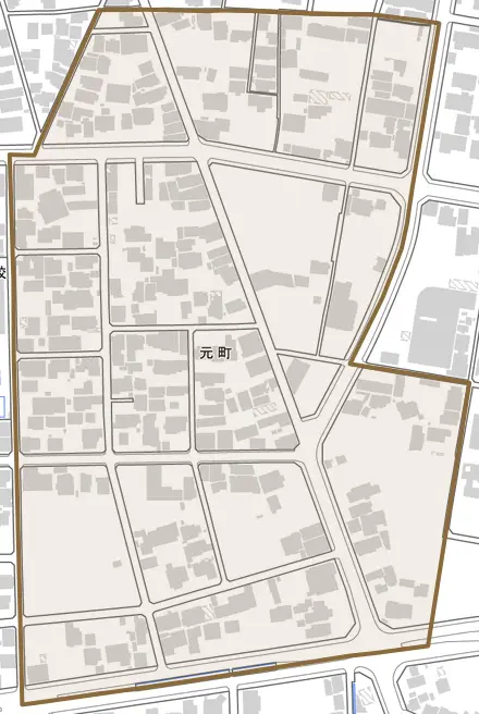 元町とその周辺の地図。町の範囲を重ねている