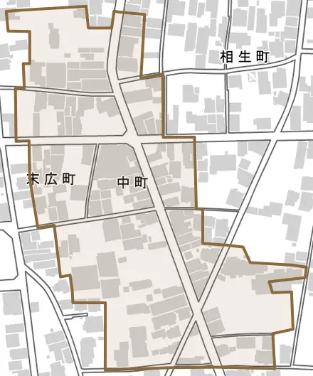 中町とその周辺の地図。町の範囲を重ねている