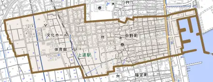 中野町とその周辺の地図。町の範囲を重ねている