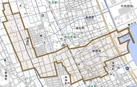 新屋町とその周辺の地図。町の範囲を重ねている