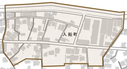 入船町とその周辺の地図。町の範囲を重ねている