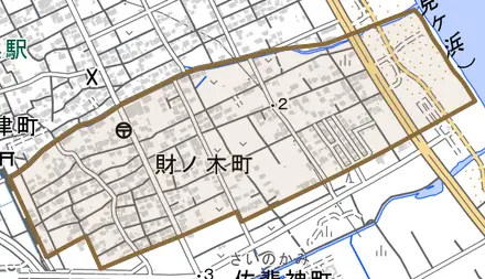 財ノ木町とその周辺の地図。町の範囲を重ねている