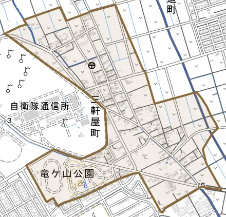 三軒屋町とその周辺の地図。町の範囲を重ねている