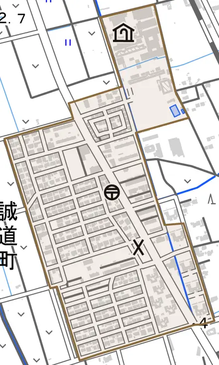 誠道町とその周辺の地図。町の範囲を重ねている