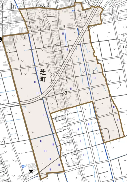 芝町とその周辺の地図。町の範囲を重ねている