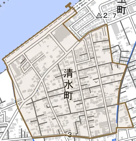 清水町とその周辺の地図。町の範囲を重ねている