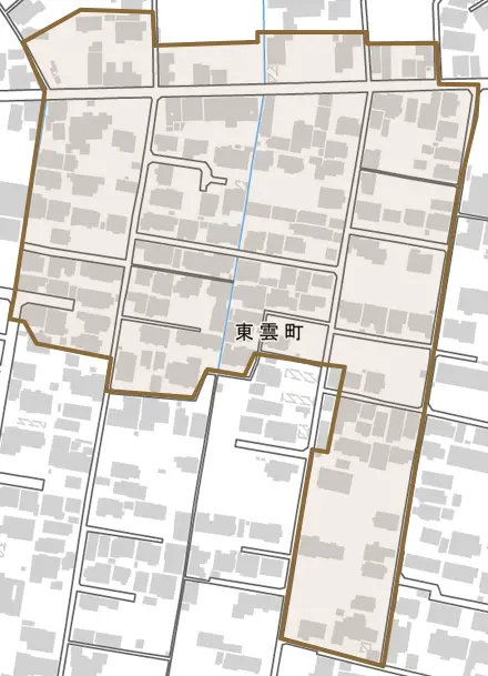 東雲町とその周辺の地図。町の範囲を重ねている
