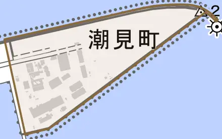 潮見町とその周辺の地図。町の範囲を重ねている