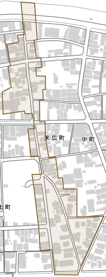 末広町とその周辺の地図。町の範囲を重ねている