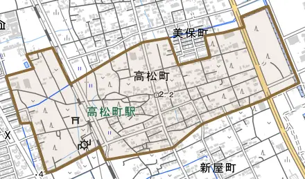 高松町とその周辺の地図。町の範囲を重ねている