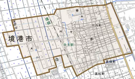 竹内町とその周辺の地図。町の範囲を重ねている