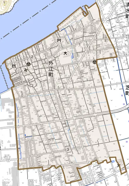 外江町とその周辺の地図。町の範囲を重ねている