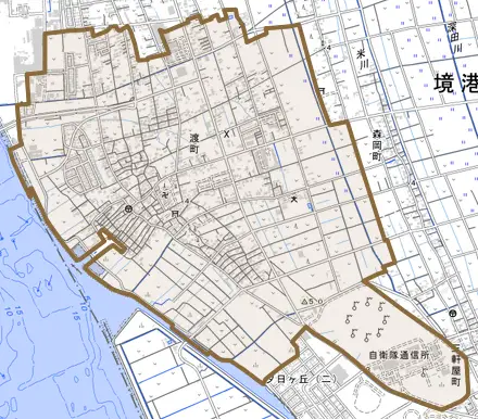 渡町とその周辺の地図。町の範囲を重ねている