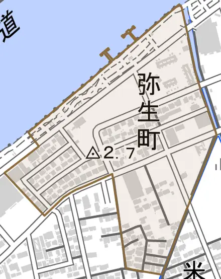 弥生町とその周辺の地図。町の範囲を重ねている