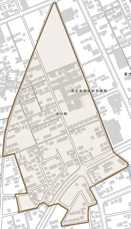 米川町とその周辺の地図。町の範囲を重ねている