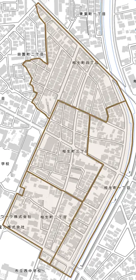 相生町とその周辺の地図。町の範囲を重ねている