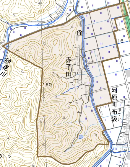 赤子田とその周辺の地図。町の範囲を重ねている