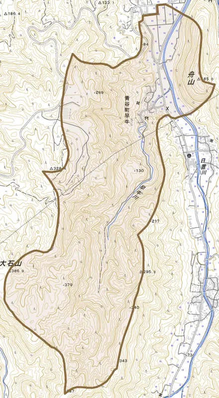 青谷町早牛とその周辺の地図。町の範囲を重ねている