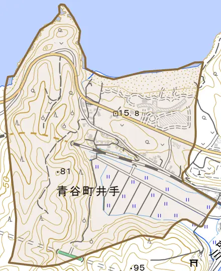 青谷町井手とその周辺の地図。町の範囲を重ねている