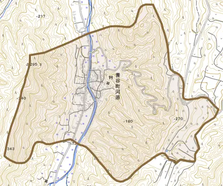 青谷町河原とその周辺の地図。町の範囲を重ねている