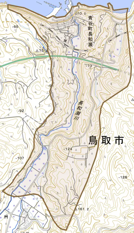 青谷町長和瀬とその周辺の地図。町の範囲を重ねている