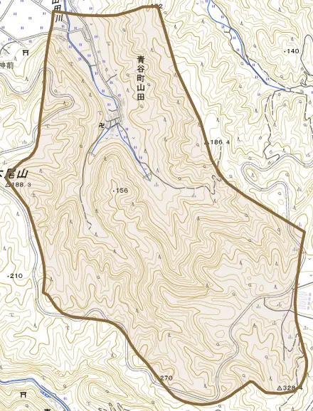 青谷町山田とその周辺の地図。町の範囲を重ねている