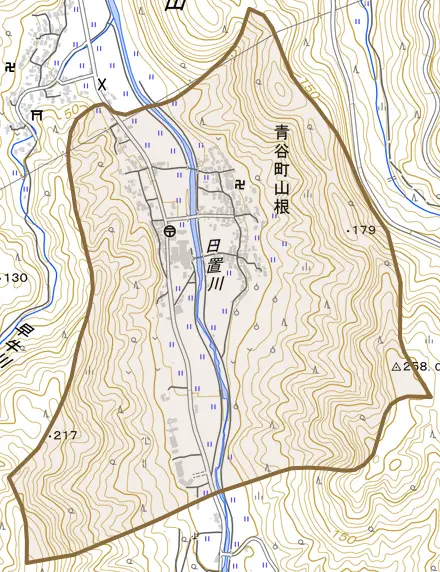 青谷町山根とその周辺の地図。町の範囲を重ねている