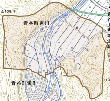 青谷町吉川とその周辺の地図。町の範囲を重ねている
