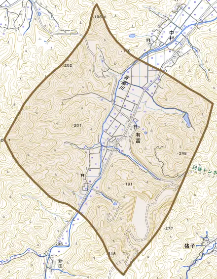 有富とその周辺の地図。町の範囲を重ねている