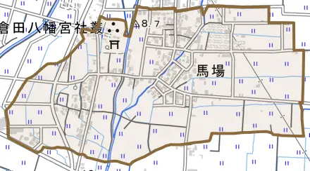 馬場とその周辺の地図。町の範囲を重ねている